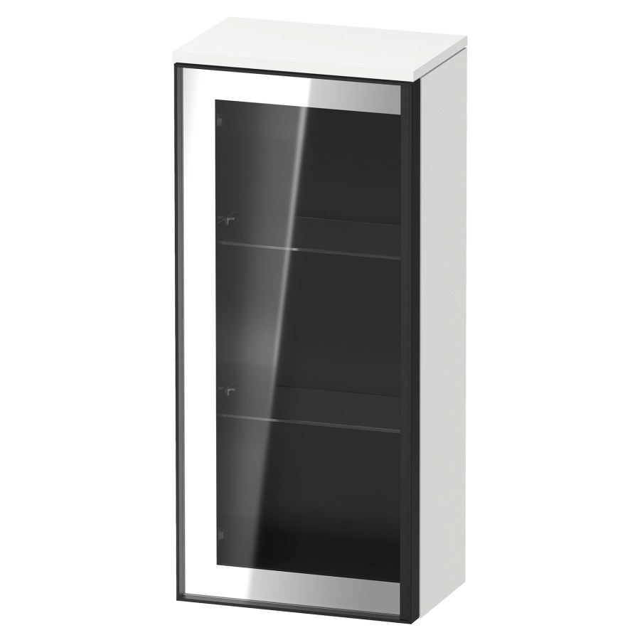 Armoire mi-haute VITRIUM
40 x 89.9 x 26.2 cm
armoire de tablette, 1&nbsp;porte charnière à gauche
2&nbsp;tablettes en verre, front verre parsol gris
avec éclairage intérieur
l'éclairage intérieur ne peut être commandé 
que par le miroir/l'armoire de toilette
dans la version "commande par
capteur de l'éclairage intérieur"