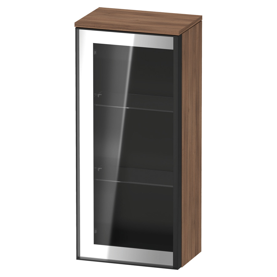Armoire mi-haute VITRIUM
40 x 89.9 x 26.2 cm
armoire de tablette, 1&nbsp;porte charnière à gauche
2&nbsp;tablettes en verre, front verre parsol gris
avec éclairage intérieur
l'éclairage intérieur ne peut être commandé 
que par le miroir/l'armoire de toilette
dans la version "commande par
capteur de l'éclairage intérieur"