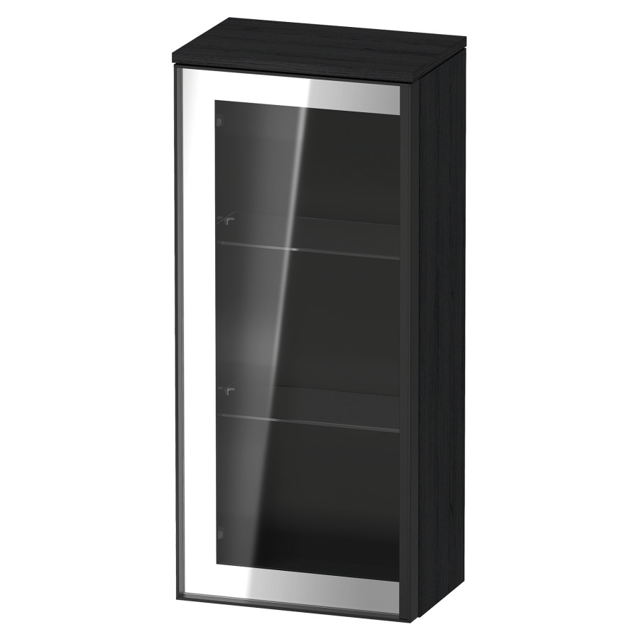 Armoire mi-haute VITRIUM
40 x 89.9 x 26.2 cm
armoire de tablette, 1&nbsp;porte charnière à gauche
2&nbsp;tablettes en verre, front verre parsol gris
avec éclairage intérieur
l'éclairage intérieur ne peut être commandé 
que par le miroir/l'armoire de toilette
dans la version "commande par
capteur de l'éclairage intérieur"