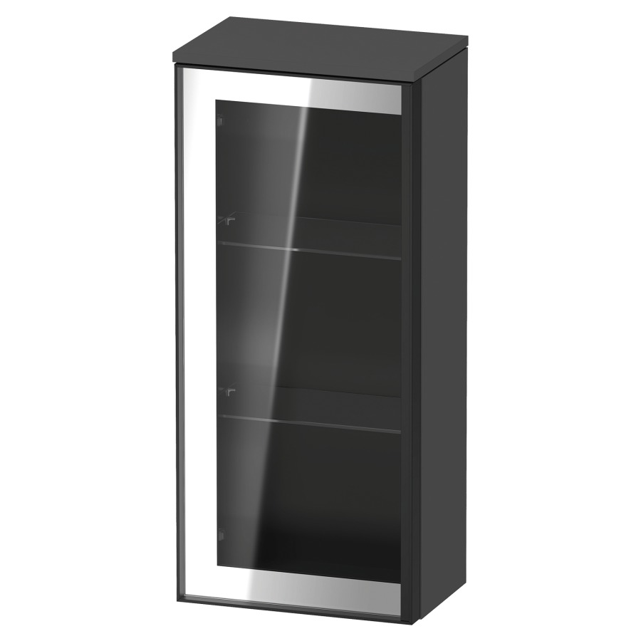 Armoire mi-haute VITRIUM
40 x 89.9 x 26.2 cm
armoire de tablette, 1&nbsp;porte charnière à gauche
2&nbsp;tablettes en verre, front verre parsol gris
avec éclairage intérieur
l'éclairage intérieur ne peut être commandé 
que par le miroir/l'armoire de toilette
dans la version "commande par
capteur de l'éclairage intérieur"
