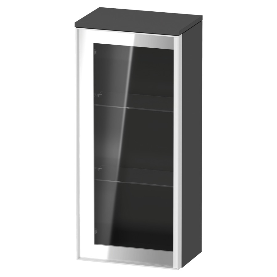 Armoire mi-haute VITRIUM
40 x 89.9 x 26.2 cm
armoire de tablette, 1&nbsp;porte charnière à gauche
2&nbsp;tablettes en verre, front verre parsol gris
avec éclairage intérieur
l'éclairage intérieur ne peut être commandé 
que par le miroir/l'armoire de toilette
dans la version "commande par
capteur de l'éclairage intérieur"