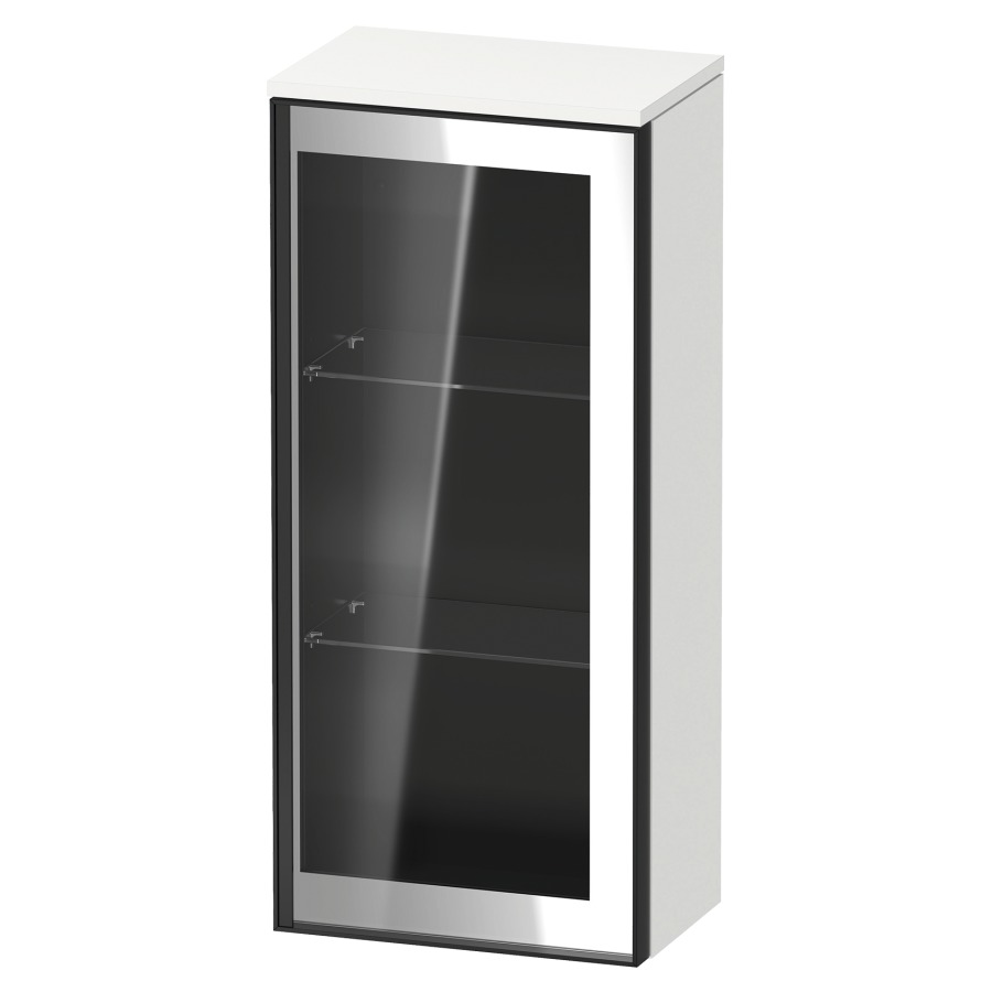 Armoire mi-haute VITRIUM
40 x 89.9 x 26.2 cm
armoire de tablette, 1&nbsp;porte charnière à droite
2&nbsp;tablettes en verre, front verre parsol gris
avec éclairage intérieur
l'éclairage intérieur ne peut être commandé 
que par le miroir/l'armoire de toilette
dans la version "commande par
capteur de l'éclairage intérieur"