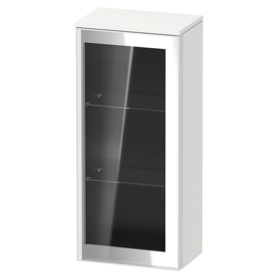 Armoire mi-haute VITRIUM
40 x 89.9 x 26.2 cm
armoire de tablette, 1&nbsp;porte charnière à droite
2&nbsp;tablettes en verre, front verre parsol gris
avec éclairage intérieur
l'éclairage intérieur ne peut être commandé 
que par le miroir/l'armoire de toilette
dans la version "commande par
capteur de l'éclairage intérieur"