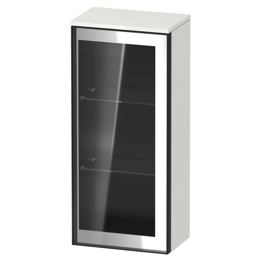 Armoire mi-haute VITRIUM
40 x 89.9 x 26.2 cm
armoire de tablette, 1&nbsp;porte charnière à droite
2&nbsp;tablettes en verre, front verre parsol gris
avec éclairage intérieur
l'éclairage intérieur ne peut être commandé 
que par le miroir/l'armoire de toilette
dans la version "commande par
capteur de l'éclairage intérieur"