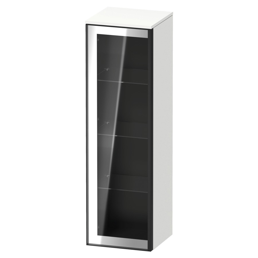 Armoire mi-haute VITRIUM
40 x 133.9 x 38.2 cm
armoire de tablette, 1&nbsp;porte charnière à gauche
3&nbsp;tablettes en verre, front verre parsol gris
avec éclairage intérieur
l'éclairage intérieur ne peut être commandé 
que par le miroir/l'armoire de toilette
dans la version "commande par
capteur de l'éclairage intérieur"