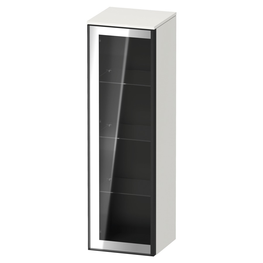 Armoire mi-haute VITRIUM
40 x 133.9 x 38.2 cm
armoire de tablette, 1&nbsp;porte charnière à gauche
3&nbsp;tablettes en verre, front verre parsol gris
avec éclairage intérieur
l'éclairage intérieur ne peut être commandé 
que par le miroir/l'armoire de toilette
dans la version "commande par
capteur de l'éclairage intérieur"