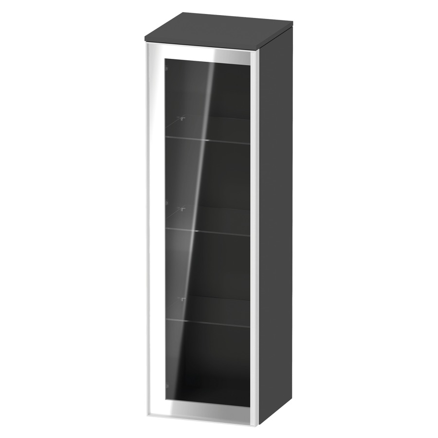 Armoire mi-haute VITRIUM
40 x 133.9 x 38.2 cm
armoire de tablette, 1&nbsp;porte charnière à gauche
3&nbsp;tablettes en verre, front verre parsol gris
avec éclairage intérieur
l'éclairage intérieur ne peut être commandé 
que par le miroir/l'armoire de toilette
dans la version "commande par
capteur de l'éclairage intérieur"