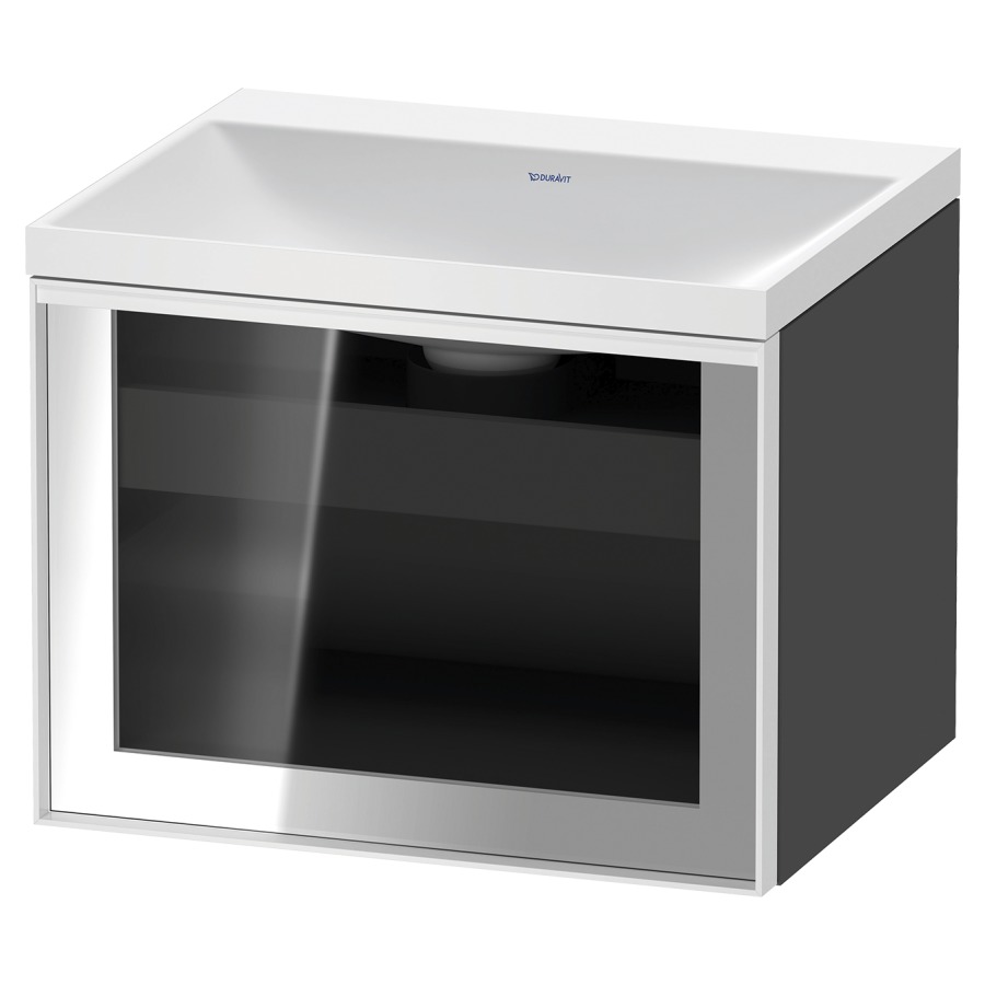 Combinaison de meuble VITRIUM
60 x 48.1 x 47.9 cm
élément de tiroir, 1&nbsp;tiroir
1&nbsp;tiroir intérieur, avec fonte minérale 
lavabo DuroCast, sans trop-plein
sans trou de robinetterie
avec siphon gain de place et vidage 
front verre parsol gris
avec éclairage intérieur
l'éclairage intérieur ne peut être commandé 
que par le miroir/l'armoire de toilette
dans la version "commande par
capteur de l'éclairage intérieur"