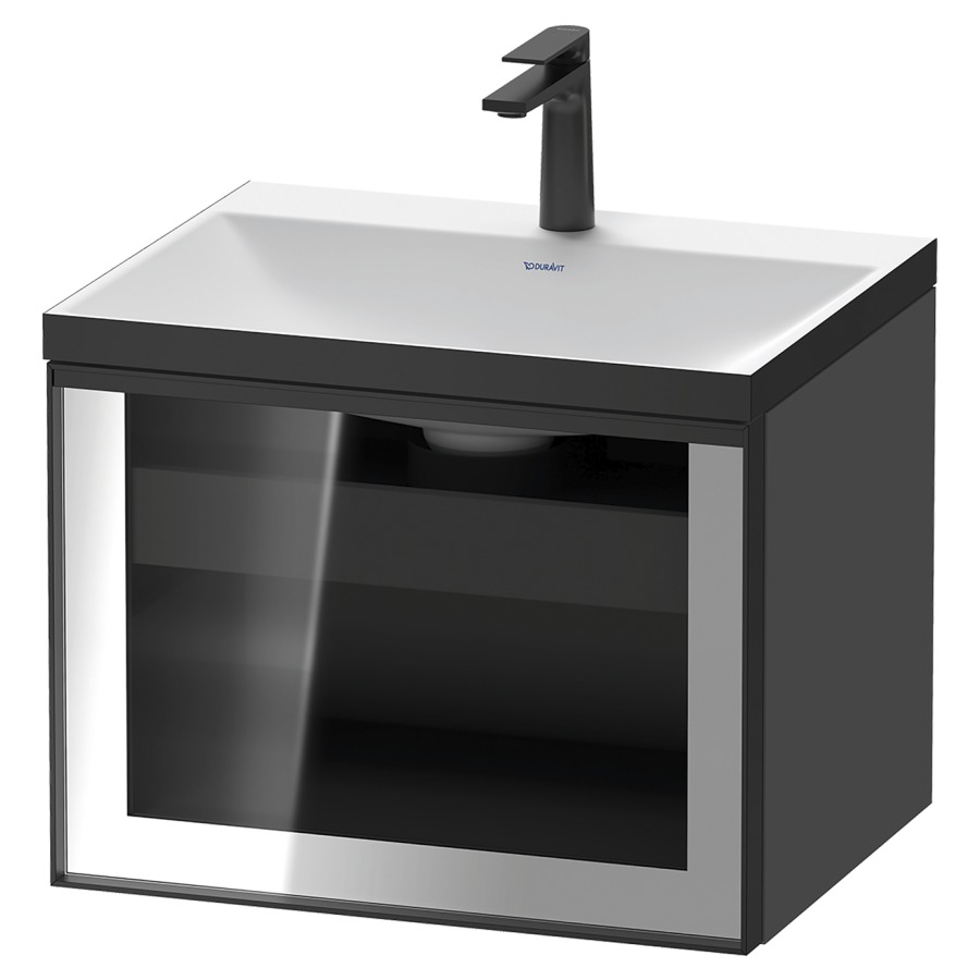 Combinaison de meuble VITRIUM
60 x 48.1 x 47.9 cm
élément de tiroir, 1&nbsp;tiroir
1&nbsp;tiroir intérieur, avec fonte minérale 
lavabo DuroCast, sans trop-plein
1 trou de robinetterie
avec siphon gain de place et vidage 
front verre parsol gris