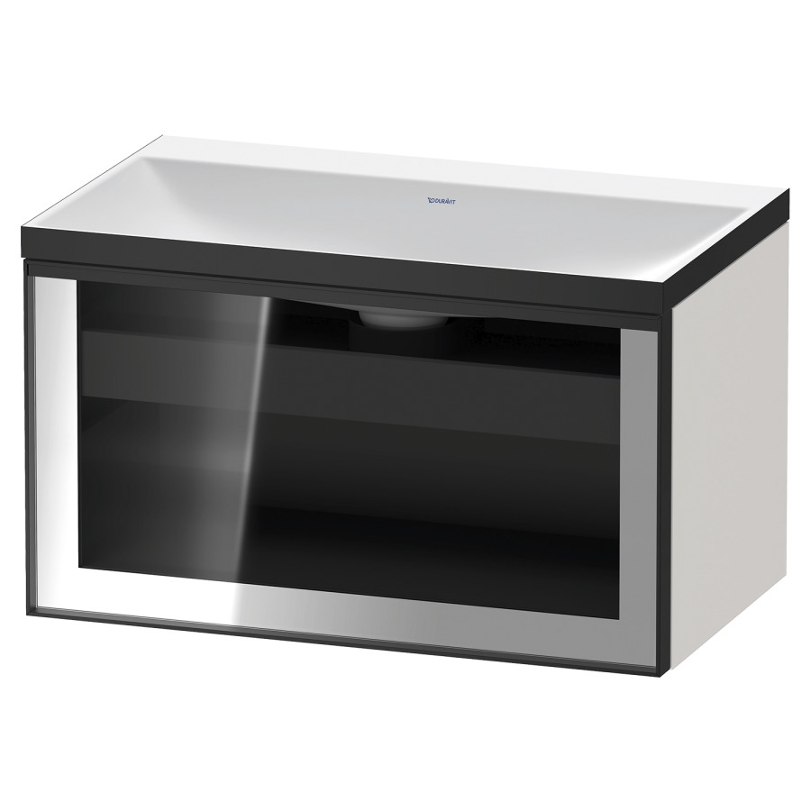 Combinaison de meuble VITRIUM
80 x 48.1 x 47.9 cm
élément de tiroir, 1&nbsp;tiroir
1&nbsp;tiroir intérieur, avec fonte minérale 
lavabo DuroCast, sans trop-plein
sans trou de robinetterie
avec siphon gain de place et vidage 
front verre parsol gris
