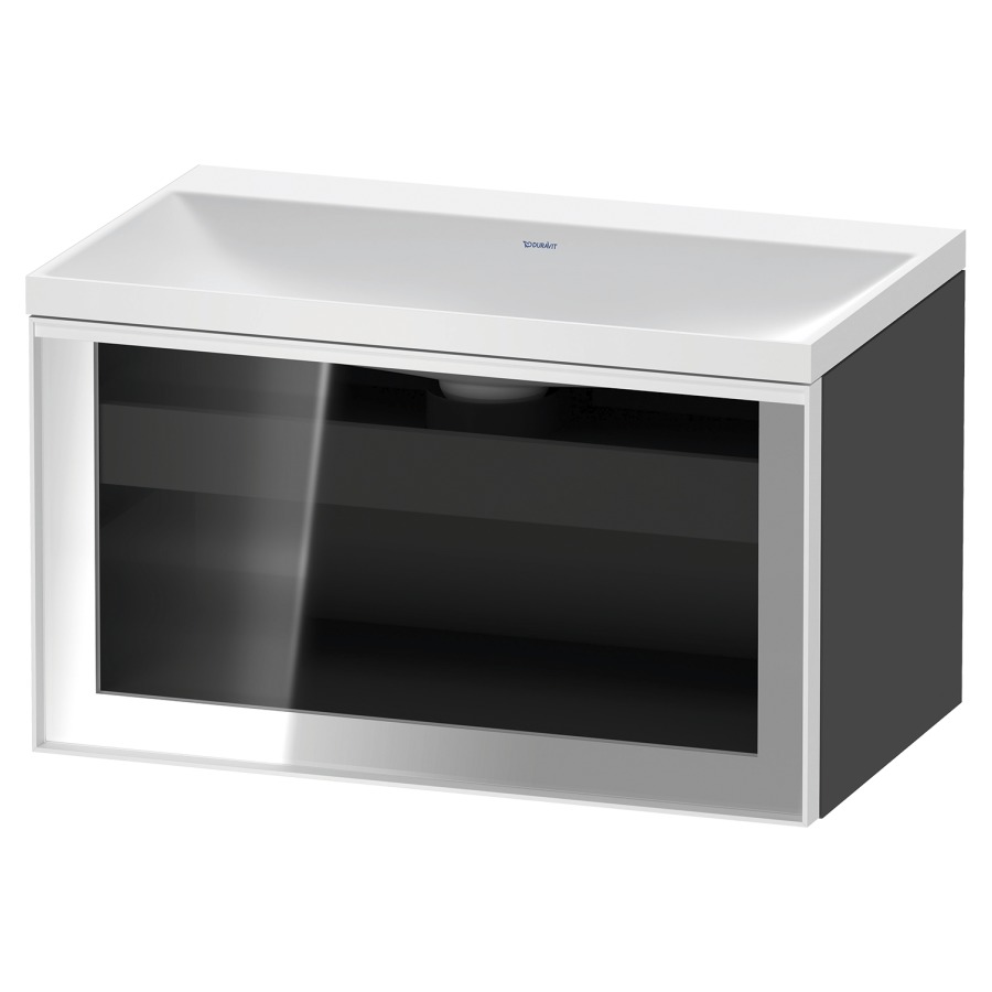 Combinaison de meuble VITRIUM
80 x 48.1 x 47.9 cm
élément de tiroir, 1&nbsp;tiroir
1&nbsp;tiroir intérieur, avec fonte minérale 
lavabo DuroCast, sans trop-plein
sans trou de robinetterie
avec siphon gain de place et vidage 
front verre parsol gris