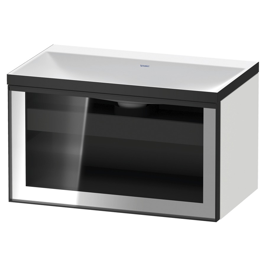 Combinaison de meuble VITRIUM
80 x 48.1 x 47.9 cm
élément de tiroir, 1&nbsp;tiroir
1&nbsp;tiroir intérieur, avec fonte minérale 
lavabo DuroCast, sans trop-plein
sans trou de robinetterie
avec siphon gain de place et vidage 
front verre parsol gris
avec éclairage intérieur
l'éclairage intérieur ne peut être commandé 
que par le miroir/l'armoire de toilette
dans la version "commande par
capteur de l'éclairage intérieur"