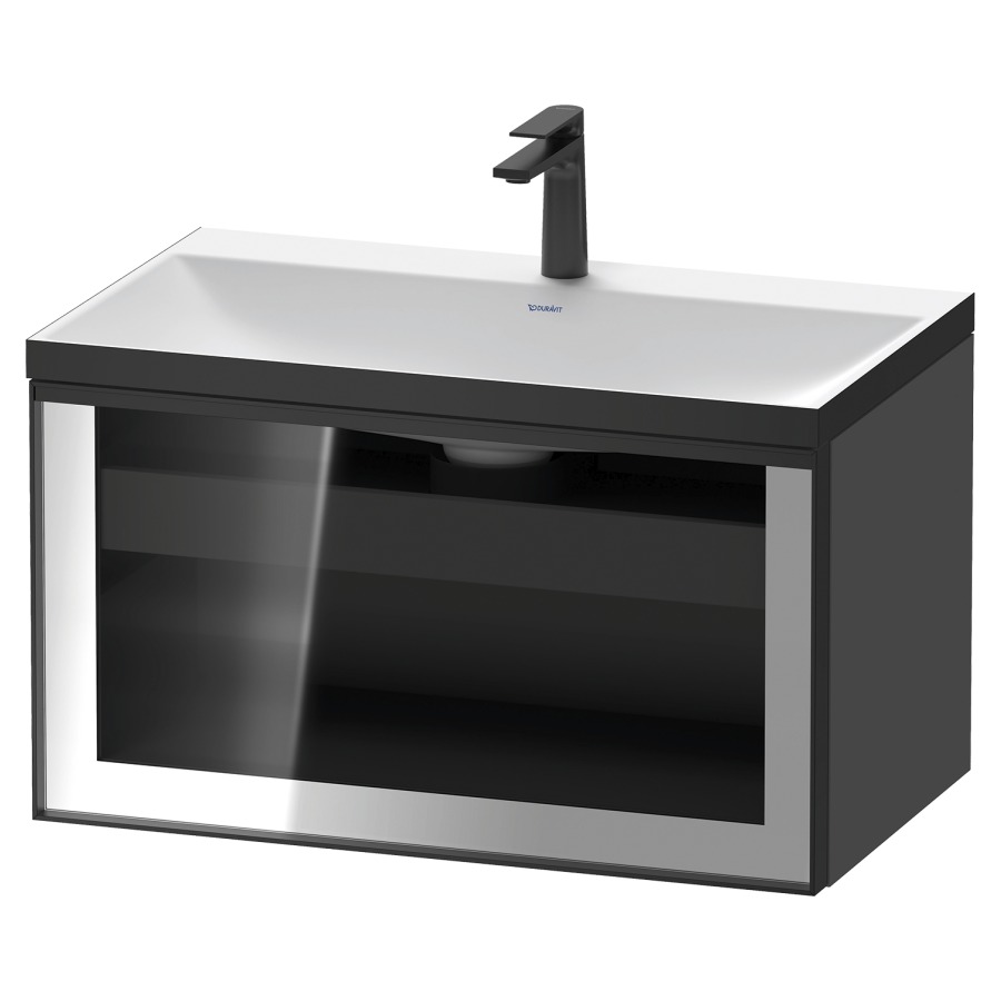 Combinaison de meuble VITRIUM
80 x 48.1 x 47.9 cm
élément de tiroir, 1&nbsp;tiroir
1&nbsp;tiroir intérieur, avec fonte minérale 
lavabo DuroCast, sans trop-plein
1 trou de robinetterie
avec siphon gain de place et vidage 
front verre parsol gris
avec éclairage intérieur
l'éclairage intérieur ne peut être commandé 
que par le miroir/l'armoire de toilette
dans la version "commande par
capteur de l'éclairage intérieur"