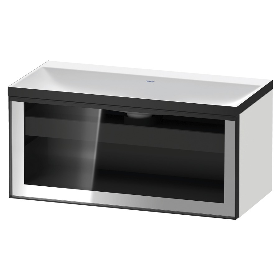 Combinaison de meuble VITRIUM
100 x 48.1 x 47.9 cm
élément de tiroir, 1&nbsp;tiroir
1&nbsp;tiroir intérieur, avec fonte minérale 
lavabo DuroCast, sans trop-plein
sans trou de robinetterie
avec siphon gain de place et vidage 
front verre parsol gris