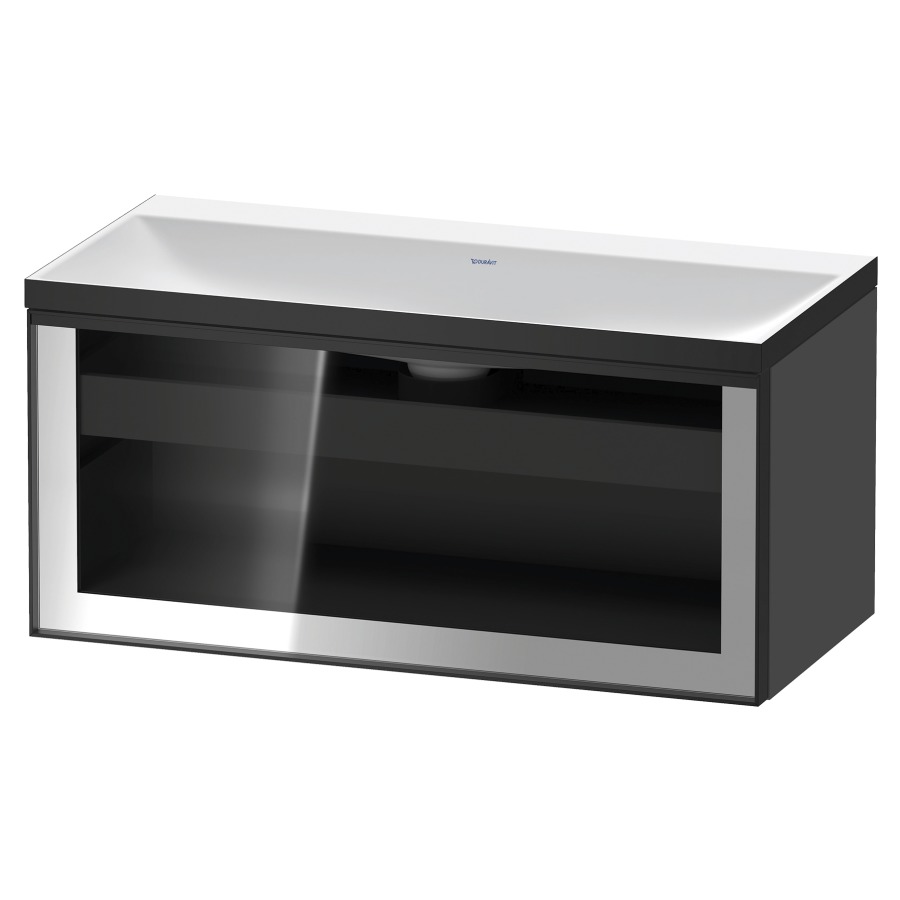 Combinaison de meuble VITRIUM
100 x 48.1 x 47.9 cm
élément de tiroir, 1&nbsp;tiroir
1&nbsp;tiroir intérieur, avec fonte minérale 
lavabo DuroCast, sans trop-plein
sans trou de robinetterie
avec siphon gain de place et vidage 
front verre parsol gris