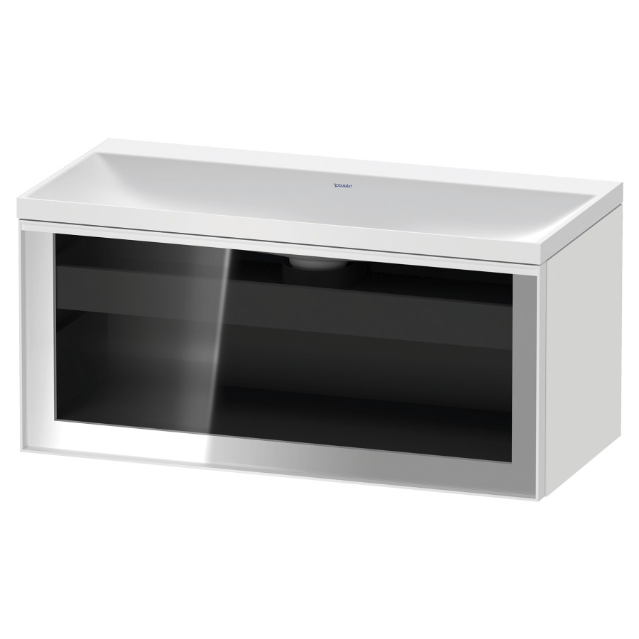 Combinaison de meuble VITRIUM
100 x 48.1 x 47.9 cm
élément de tiroir, 1&nbsp;tiroir
1&nbsp;tiroir intérieur, avec fonte minérale 
lavabo DuroCast, sans trop-plein
sans trou de robinetterie
avec siphon gain de place et vidage 
front verre parsol gris
avec éclairage intérieur
l'éclairage intérieur ne peut être commandé 
que par le miroir/l'armoire de toilette
dans la version "commande par
capteur de l'éclairage intérieur"