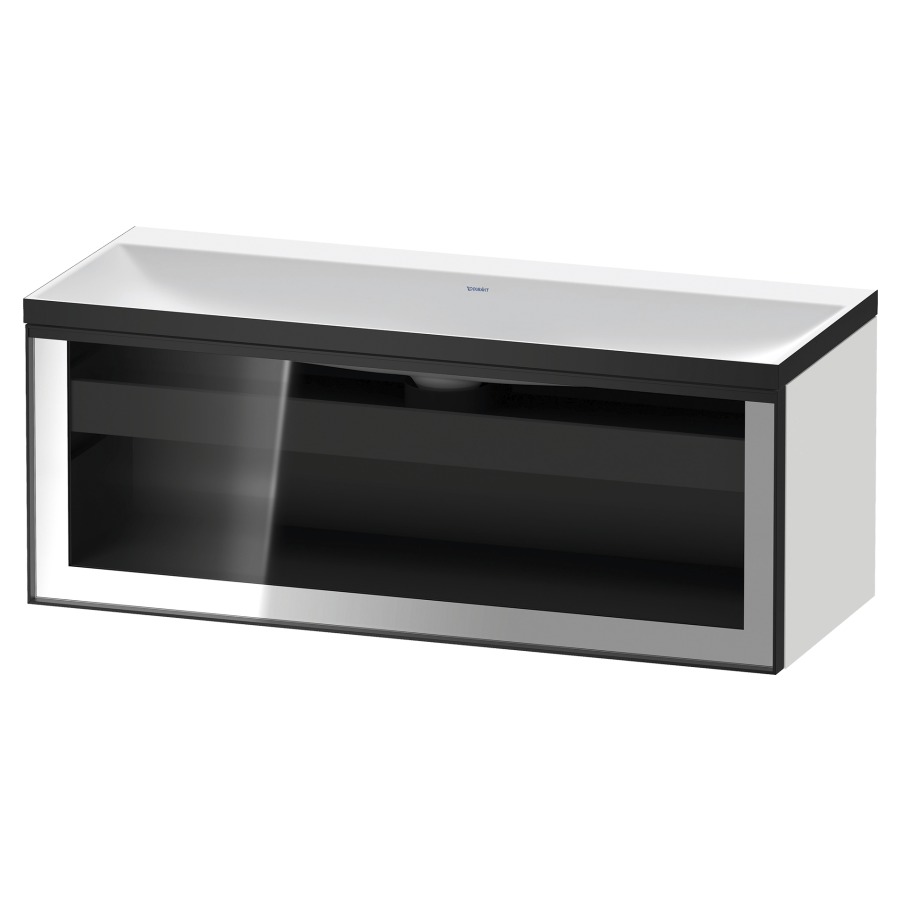 Combinaison de meuble VITRIUM
120 x 48.1 x 47.9 cm
élément de tiroir, 1&nbsp;tiroir
1&nbsp;tiroir intérieur, avec fonte minérale 
lavabo DuroCast, sans trop-plein
sans trou de robinetterie
avec siphon gain de place et vidage 
front verre parsol gris