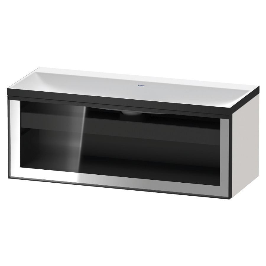 Combinaison de meuble VITRIUM
120 x 48.1 x 47.9 cm
élément de tiroir, 1&nbsp;tiroir
1&nbsp;tiroir intérieur, avec fonte minérale 
lavabo DuroCast, sans trop-plein
sans trou de robinetterie
avec siphon gain de place et vidage 
front verre parsol gris