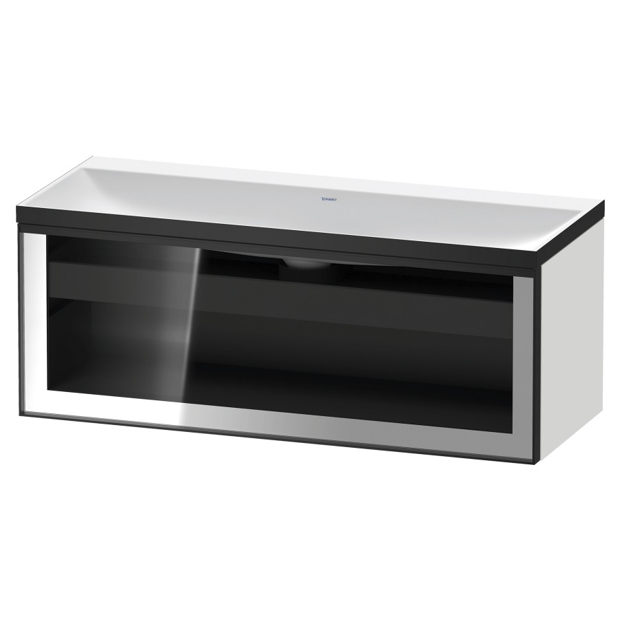 Combinaison de meuble VITRIUM
120 x 48.1 x 47.9 cm
élément de tiroir, 1&nbsp;tiroir
1&nbsp;tiroir intérieur, avec fonte minérale 
lavabo DuroCast, sans trop-plein
sans trou de robinetterie
avec siphon gain de place et vidage 
front verre parsol gris
avec éclairage intérieur
l'éclairage intérieur ne peut être commandé 
que par le miroir/l'armoire de toilette
dans la version "commande par
capteur de l'éclairage intérieur"