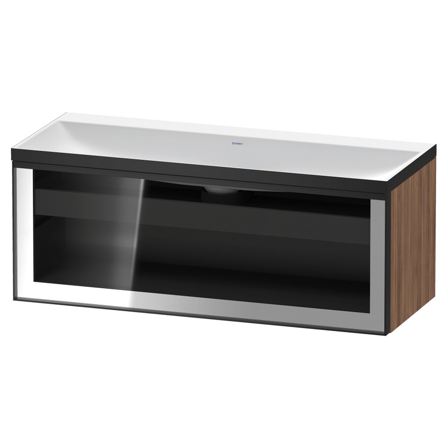 Combinaison de meuble VITRIUM
120 x 48.1 x 47.9 cm
élément de tiroir, 1&nbsp;tiroir
1&nbsp;tiroir intérieur, avec fonte minérale 
lavabo DuroCast, sans trop-plein
sans trou de robinetterie
avec siphon gain de place et vidage 
front verre parsol gris
avec éclairage intérieur
l'éclairage intérieur ne peut être commandé 
que par le miroir/l'armoire de toilette
dans la version "commande par
capteur de l'éclairage intérieur"