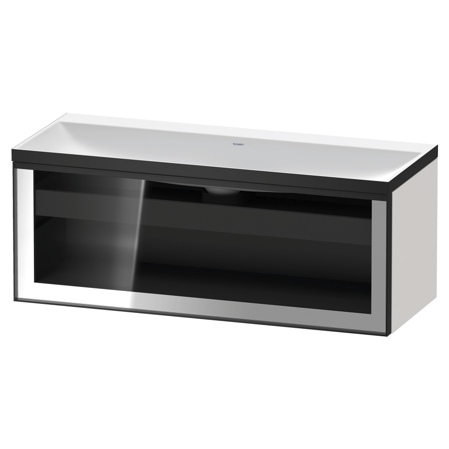 Combinaison de meuble VITRIUM
120 x 48.1 x 47.9 cm
élément de tiroir, 1&nbsp;tiroir
1&nbsp;tiroir intérieur, avec fonte minérale 
lavabo DuroCast, sans trop-plein
sans trou de robinetterie
avec siphon gain de place et vidage 
front verre parsol gris
avec éclairage intérieur
l'éclairage intérieur ne peut être commandé 
que par le miroir/l'armoire de toilette
dans la version "commande par
capteur de l'éclairage intérieur"