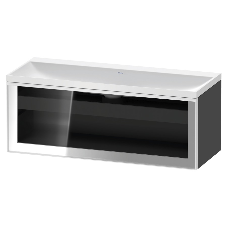 Combinaison de meuble VITRIUM
120 x 48.1 x 47.9 cm
élément de tiroir, 1&nbsp;tiroir
1&nbsp;tiroir intérieur, avec fonte minérale 
lavabo DuroCast, sans trop-plein
sans trou de robinetterie
avec siphon gain de place et vidage 
front verre parsol gris
avec éclairage intérieur
l'éclairage intérieur ne peut être commandé 
que par le miroir/l'armoire de toilette
dans la version "commande par
capteur de l'éclairage intérieur"