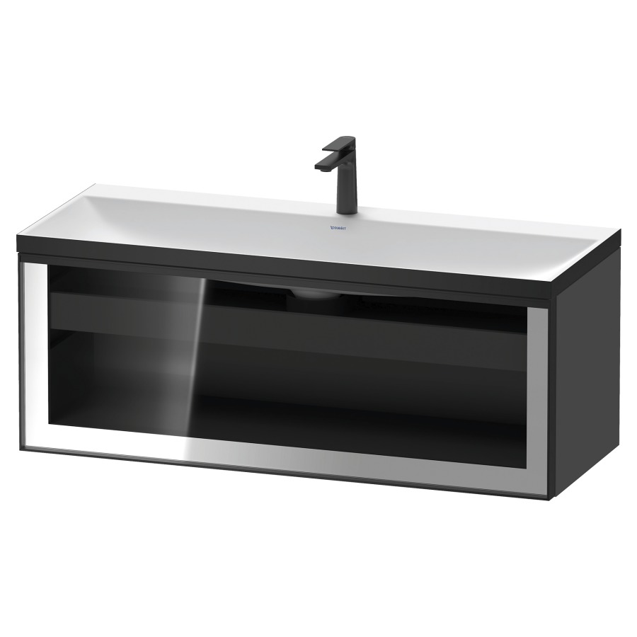 Combinaison de meuble VITRIUM
120 x 48.1 x 47.9 cm
élément de tiroir, 1&nbsp;tiroir
1&nbsp;tiroir intérieur, avec fonte minérale 
lavabo DuroCast, sans trop-plein
1 trou de robinetterie
avec siphon gain de place et vidage 
front verre parsol gris
avec éclairage intérieur
l'éclairage intérieur ne peut être commandé 
que par le miroir/l'armoire de toilette
dans la version "commande par
capteur de l'éclairage intérieur"