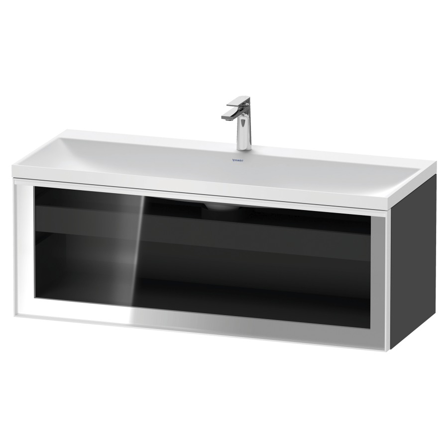Combinaison de meuble VITRIUM
120 x 48.1 x 47.9 cm
élément de tiroir, 1&nbsp;tiroir
1&nbsp;tiroir intérieur, avec fonte minérale 
lavabo DuroCast, sans trop-plein
1 trou de robinetterie
avec siphon gain de place et vidage 
front verre parsol gris
avec éclairage intérieur
l'éclairage intérieur ne peut être commandé 
que par le miroir/l'armoire de toilette
dans la version "commande par
capteur de l'éclairage intérieur"
