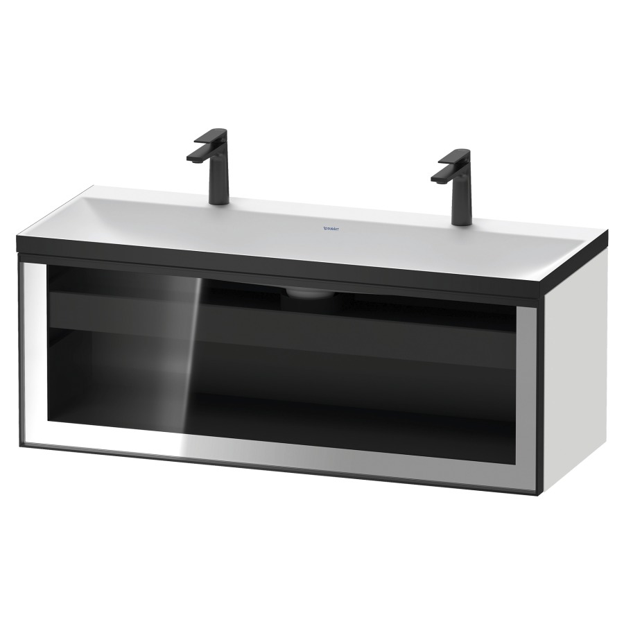 Combinaison de meuble VITRIUM
120 x 48.1 x 47.9 cm
élément de tiroir, 1&nbsp;tiroir
1&nbsp;tiroir intérieur, avec fonte minérale 
lavabo DuroCast, sans trop-plein
2 trous de robinetterie
avec siphon gain de place et vidage 
front verre parsol gris