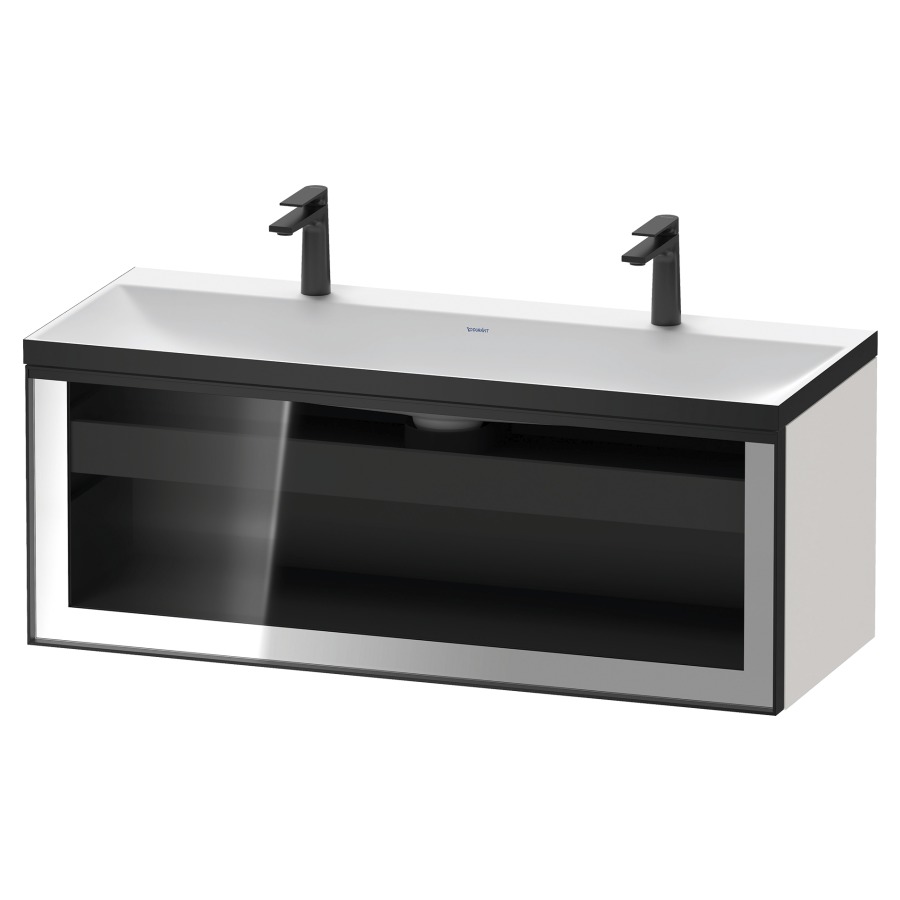 Combinaison de meuble VITRIUM
120 x 48.1 x 47.9 cm
élément de tiroir, 1&nbsp;tiroir
1&nbsp;tiroir intérieur, avec fonte minérale 
lavabo DuroCast, sans trop-plein
2 trous de robinetterie
avec siphon gain de place et vidage 
front verre parsol gris