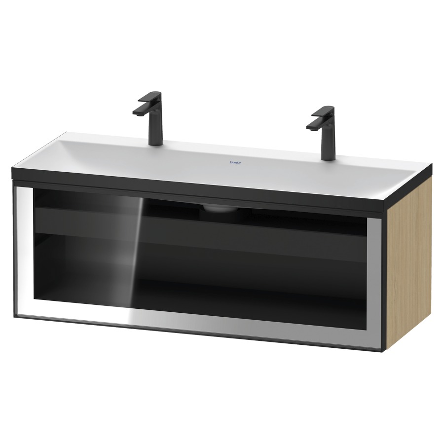 Combinaison de meuble VITRIUM
120 x 48.1 x 47.9 cm
élément de tiroir, 1&nbsp;tiroir
1&nbsp;tiroir intérieur, avec fonte minérale 
lavabo DuroCast, sans trop-plein
2 trous de robinetterie
avec siphon gain de place et vidage 
front verre parsol gris