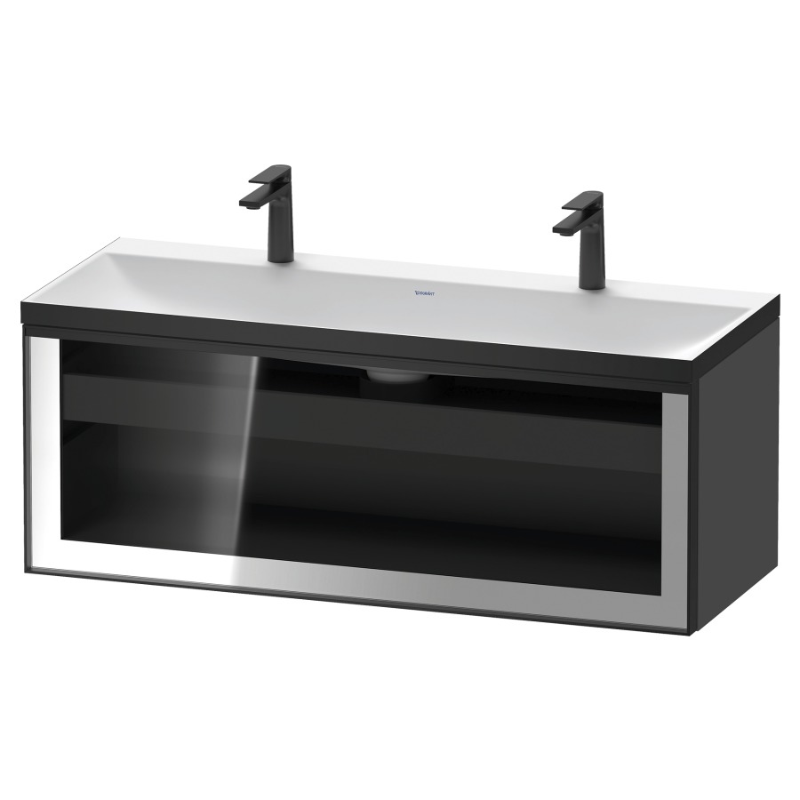 Combinaison de meuble VITRIUM
120 x 48.1 x 47.9 cm
élément de tiroir, 1&nbsp;tiroir
1&nbsp;tiroir intérieur, avec fonte minérale 
lavabo DuroCast, sans trop-plein
2 trous de robinetterie
avec siphon gain de place et vidage 
front verre parsol gris
avec éclairage intérieur
l'éclairage intérieur ne peut être commandé 
que par le miroir/l'armoire de toilette
dans la version "commande par
capteur de l'éclairage intérieur"