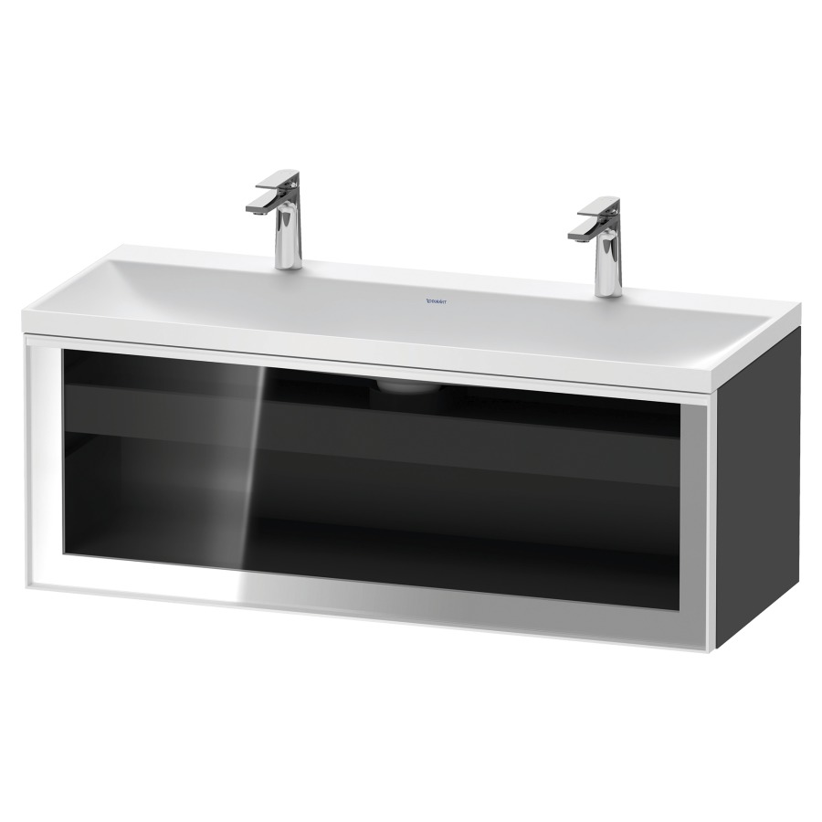 Combinaison de meuble VITRIUM
120 x 48.1 x 47.9 cm
élément de tiroir, 1&nbsp;tiroir
1&nbsp;tiroir intérieur, avec fonte minérale 
lavabo DuroCast, sans trop-plein
2 trous de robinetterie
avec siphon gain de place et vidage 
front verre parsol gris
avec éclairage intérieur
l'éclairage intérieur ne peut être commandé 
que par le miroir/l'armoire de toilette
dans la version "commande par
capteur de l'éclairage intérieur"