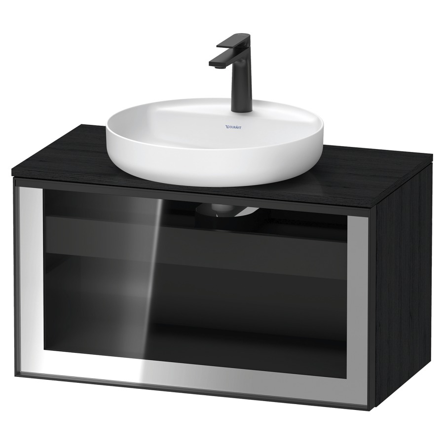 Élément inférieur  VITRIUM
80 x 45.9 x 42 cm
élément de tiroir, 1&nbsp;tiroir
1&nbsp;tiroir intérieur, avec plaque de console
pour 1 lavabo à poser, perçage de robinet 
possible, sans siphon gain de place
front verre parsol gris