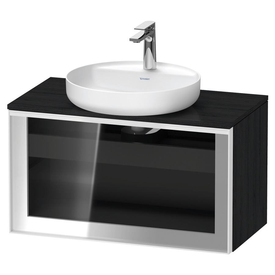 Élément inférieur  VITRIUM
80 x 45.9 x 42 cm
élément de tiroir, 1&nbsp;tiroir
1&nbsp;tiroir intérieur, avec plaque de console
pour 1 lavabo à poser, perçage de robinet 
possible, sans siphon gain de place
front verre parsol gris