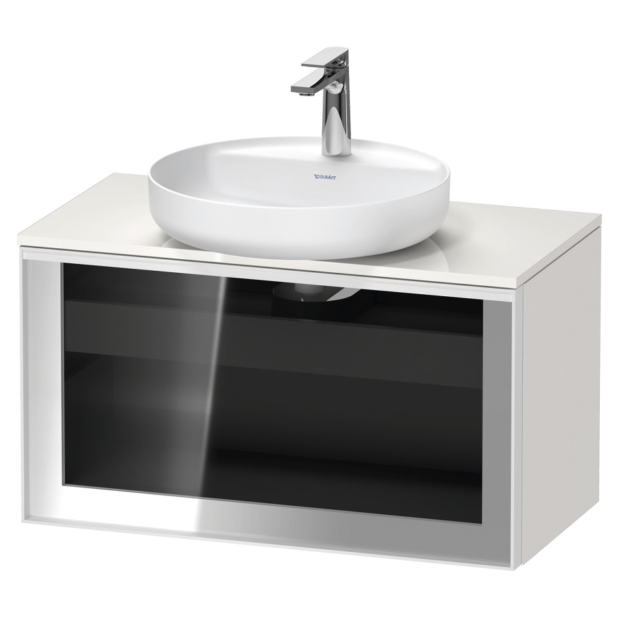 Élément inférieur  VITRIUM
80 x 45.9 x 42 cm
élément de tiroir, 1&nbsp;tiroir
1&nbsp;tiroir intérieur, avec plaque de console
pour 1 lavabo à poser, perçage de robinet 
possible, sans siphon gain de place
front verre parsol gris