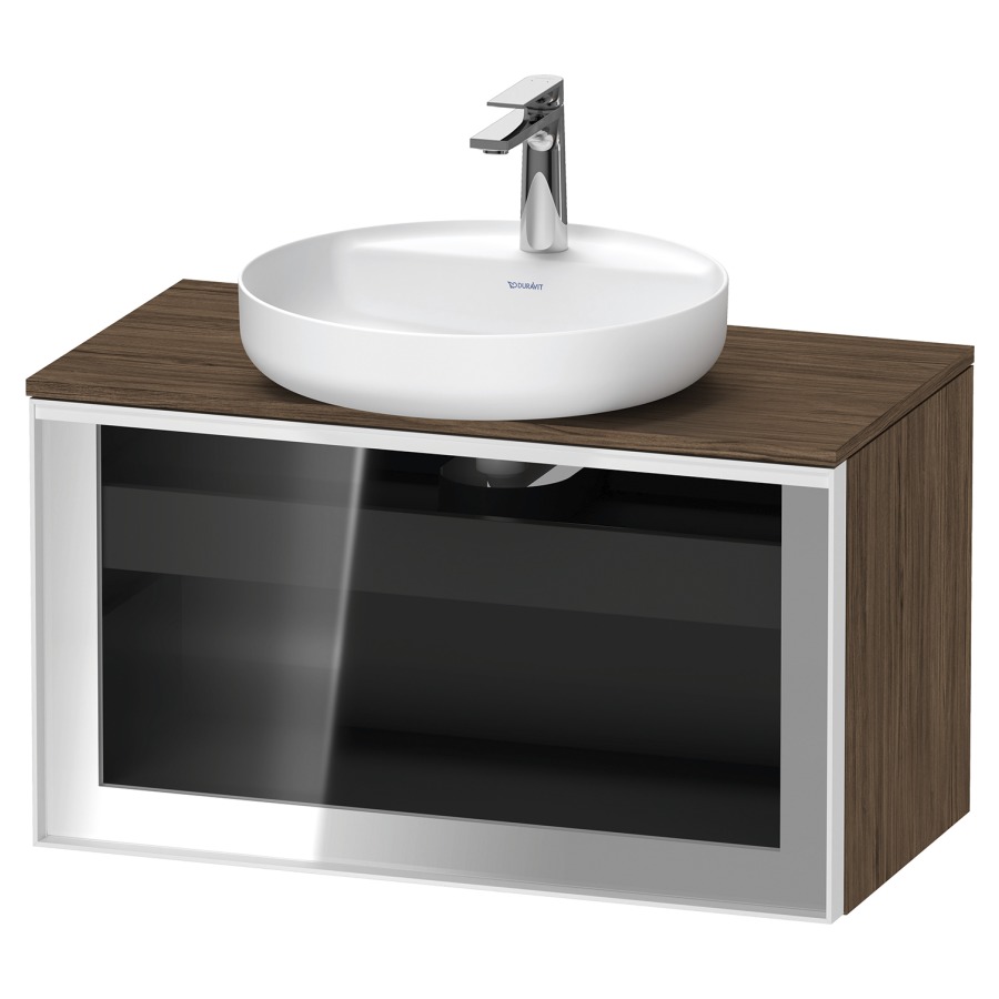 Élément inférieur  VITRIUM
80 x 45.9 x 42 cm
élément de tiroir, 1&nbsp;tiroir
1&nbsp;tiroir intérieur, avec plaque de console
pour 1 lavabo à poser, perçage de robinet 
possible, sans siphon gain de place
front verre parsol gris