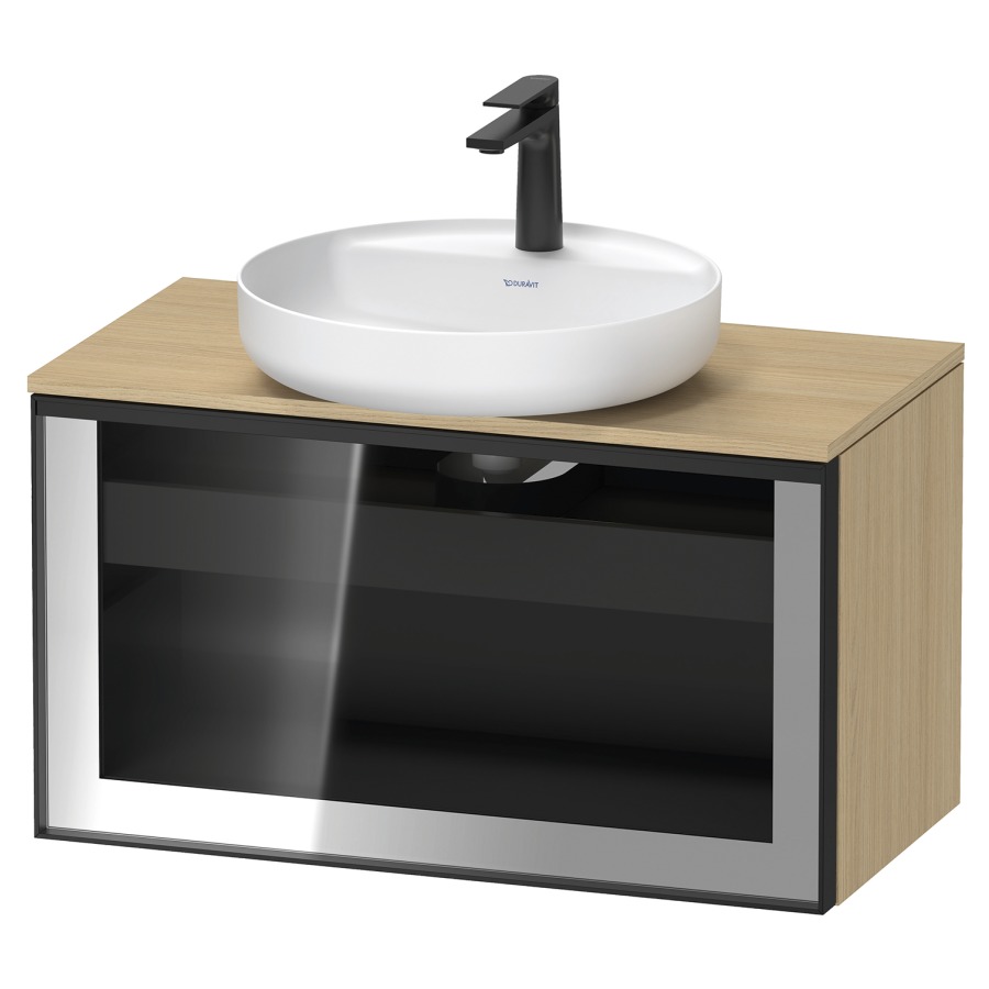 Élément inférieur  VITRIUM
80 x 45.9 x 42 cm
élément de tiroir, 1&nbsp;tiroir
1&nbsp;tiroir intérieur, avec plaque de console
pour 1 lavabo à poser, perçage de robinet 
possible, sans siphon gain de place
front verre parsol gris