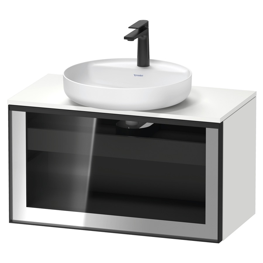 Élément inférieur  VITRIUM
80 x 45.9 x 42 cm
élément de tiroir, 1&nbsp;tiroir
1&nbsp;tiroir intérieur, avec plaque de console
pour 1 lavabo à poser, perçage de robinet 
possible, sans siphon gain de place
front verre parsol gris avec éclairage intérieur
l'éclairage intérieur ne peut être commandé 
que par le miroir/l'armoire de toilette
dans la version "commande par
capteur de l'éclairage intérieur"