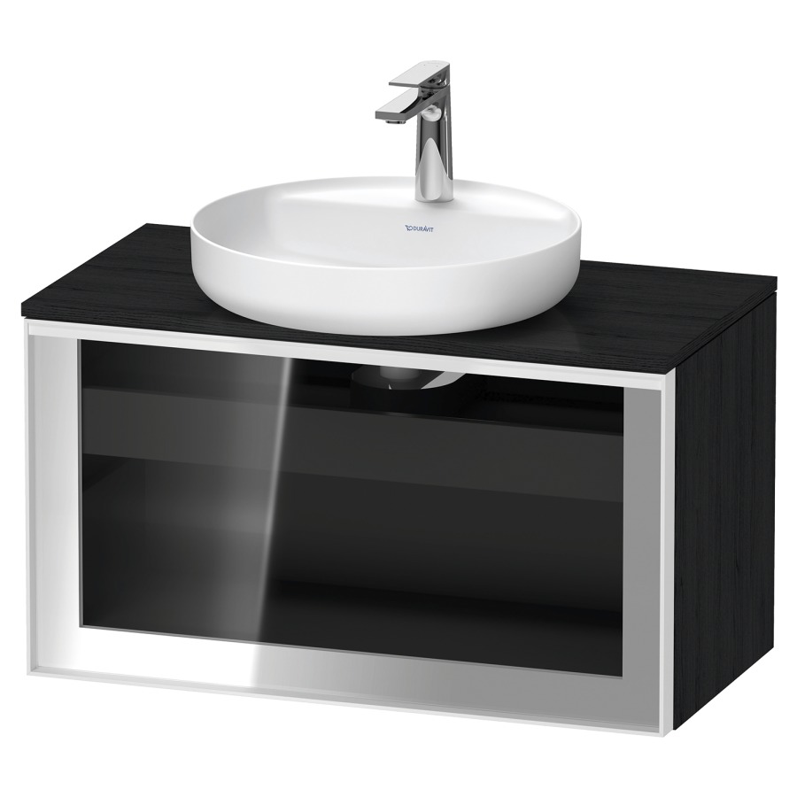 Élément inférieur  VITRIUM
80 x 45.9 x 42 cm
élément de tiroir, 1&nbsp;tiroir
1&nbsp;tiroir intérieur, avec plaque de console
pour 1 lavabo à poser, perçage de robinet 
possible, sans siphon gain de place
front verre parsol gris avec éclairage intérieur
l'éclairage intérieur ne peut être commandé 
que par le miroir/l'armoire de toilette
dans la version "commande par
capteur de l'éclairage intérieur"