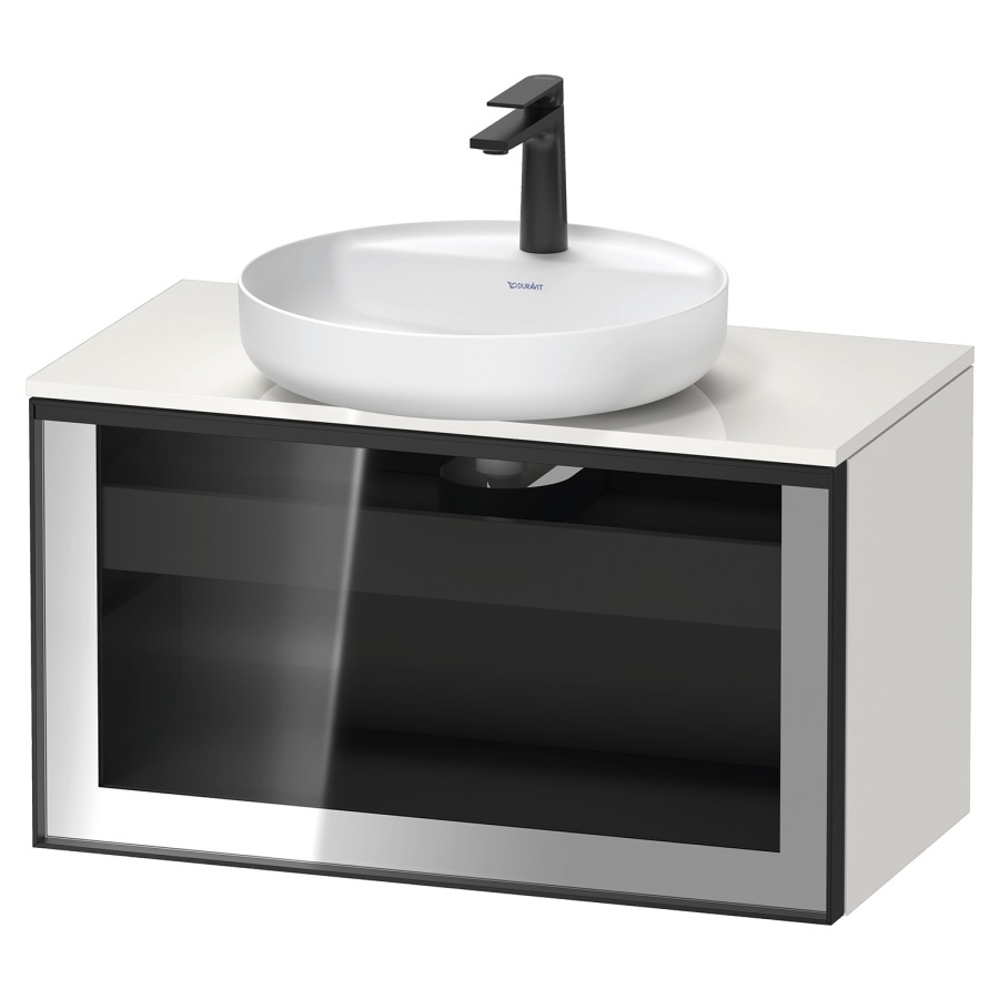 Élément inférieur  VITRIUM
80 x 45.9 x 42 cm
élément de tiroir, 1&nbsp;tiroir
1&nbsp;tiroir intérieur, avec plaque de console
pour 1 lavabo à poser, perçage de robinet 
possible, sans siphon gain de place
front verre parsol gris avec éclairage intérieur
l'éclairage intérieur ne peut être commandé 
que par le miroir/l'armoire de toilette
dans la version "commande par
capteur de l'éclairage intérieur"
