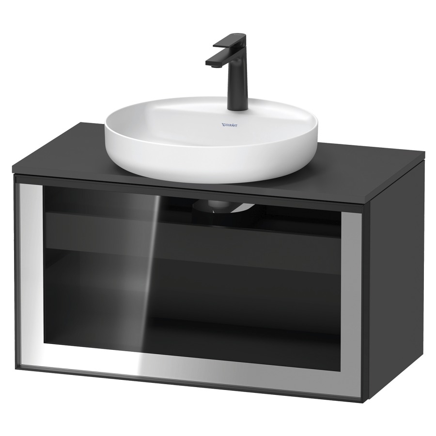 Élément inférieur  VITRIUM
80 x 45.9 x 42 cm
élément de tiroir, 1&nbsp;tiroir
1&nbsp;tiroir intérieur, avec plaque de console
pour 1 lavabo à poser, perçage de robinet 
possible, sans siphon gain de place
front verre parsol gris avec éclairage intérieur
l'éclairage intérieur ne peut être commandé 
que par le miroir/l'armoire de toilette
dans la version "commande par
capteur de l'éclairage intérieur"