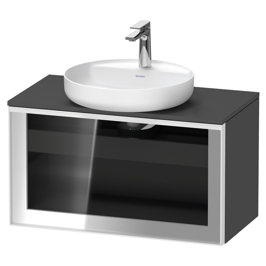 Élément inférieur  VITRIUM
80 x 45.9 x 42 cm
élément de tiroir, 1&nbsp;tiroir
1&nbsp;tiroir intérieur, avec plaque de console
pour 1 lavabo à poser, perçage de robinet 
possible, sans siphon gain de place
front verre parsol gris avec éclairage intérieur
l'éclairage intérieur ne peut être commandé 
que par le miroir/l'armoire de toilette
dans la version "commande par
capteur de l'éclairage intérieur"
