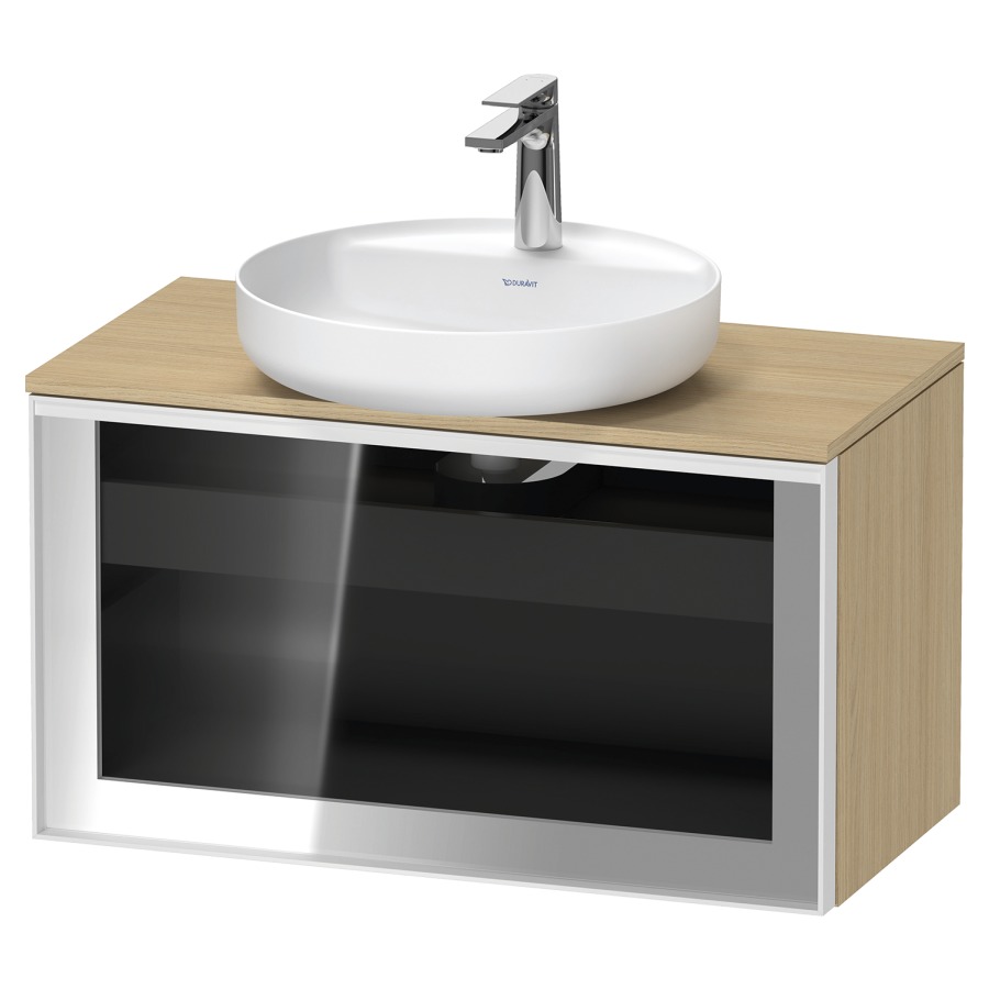 Élément inférieur  VITRIUM
80 x 45.9 x 42 cm
élément de tiroir, 1&nbsp;tiroir
1&nbsp;tiroir intérieur, avec plaque de console
pour 1 lavabo à poser, perçage de robinet 
possible, sans siphon gain de place
front verre parsol gris avec éclairage intérieur
l'éclairage intérieur ne peut être commandé 
que par le miroir/l'armoire de toilette
dans la version "commande par
capteur de l'éclairage intérieur"