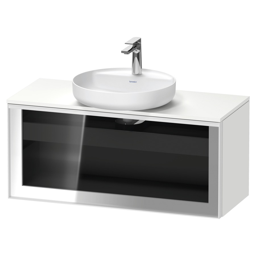 Élément inférieur  VITRIUM
100 x 45.9 x 42 cm
élément de tiroir, 1&nbsp;tiroir
1&nbsp;tiroir intérieur, avec plaque de console
pour 1 lavabo à poser, perçage de robinet 
possible, sans siphon gain de place
front verre parsol gris