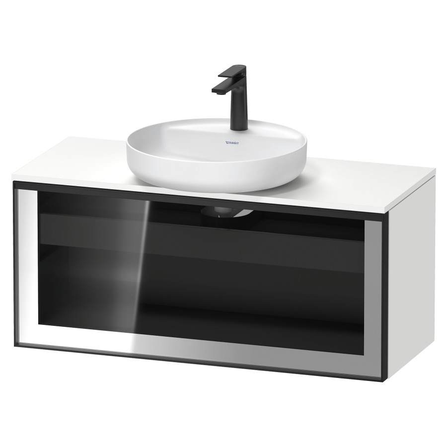 Élément inférieur  VITRIUM
100 x 45.9 x 42 cm
élément de tiroir, 1&nbsp;tiroir
1&nbsp;tiroir intérieur, avec plaque de console
pour 1 lavabo à poser, perçage de robinet 
possible, sans siphon gain de place
front verre parsol gris, avec éclairage intérieur
l'éclairage intérieur ne peut être commandé 
que par le miroir/l'armoire de toilette
dans la version "commande par
capteur de l'éclairage intérieur"