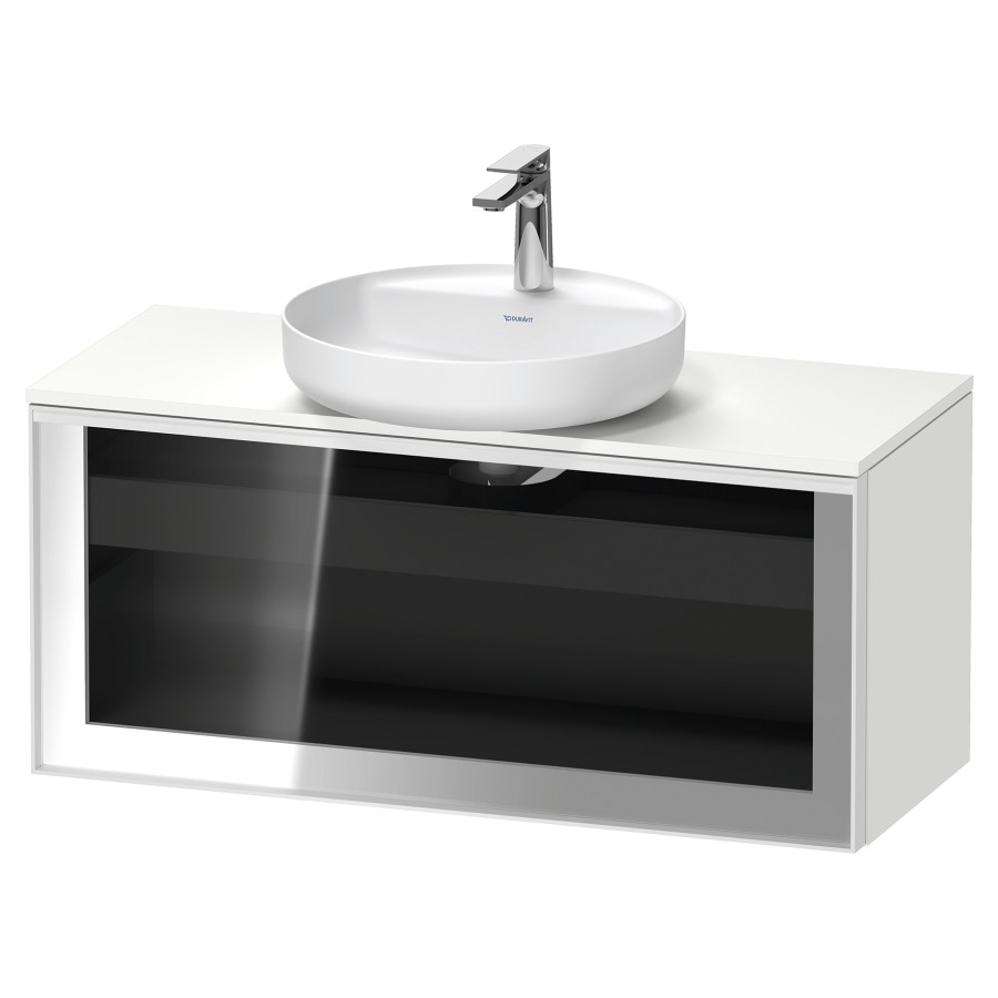 Élément inférieur  VITRIUM
100 x 45.9 x 42 cm
élément de tiroir, 1&nbsp;tiroir
1&nbsp;tiroir intérieur, avec plaque de console
pour 1 lavabo à poser, perçage de robinet 
possible, sans siphon gain de place
front verre parsol gris, avec éclairage intérieur
l'éclairage intérieur ne peut être commandé 
que par le miroir/l'armoire de toilette
dans la version "commande par
capteur de l'éclairage intérieur"