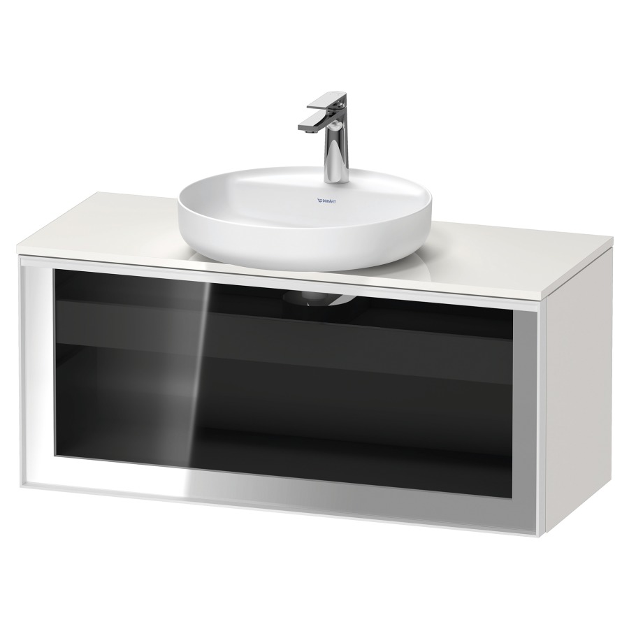 Élément inférieur  VITRIUM
100 x 45.9 x 42 cm
élément de tiroir, 1&nbsp;tiroir
1&nbsp;tiroir intérieur, avec plaque de console
pour 1 lavabo à poser, perçage de robinet 
possible, sans siphon gain de place
front verre parsol gris, avec éclairage intérieur
l'éclairage intérieur ne peut être commandé 
que par le miroir/l'armoire de toilette
dans la version "commande par
capteur de l'éclairage intérieur"