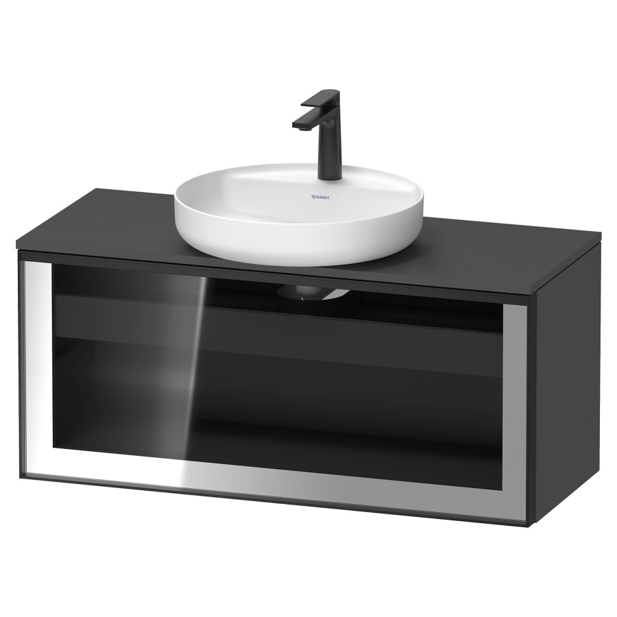 Élément inférieur  VITRIUM
100 x 45.9 x 42 cm
élément de tiroir, 1&nbsp;tiroir
1&nbsp;tiroir intérieur, avec plaque de console
pour 1 lavabo à poser, perçage de robinet 
possible, sans siphon gain de place
front verre parsol gris, avec éclairage intérieur
l'éclairage intérieur ne peut être commandé 
que par le miroir/l'armoire de toilette
dans la version "commande par
capteur de l'éclairage intérieur"