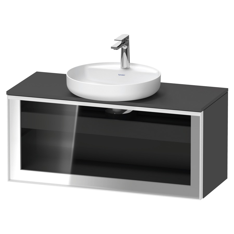 Élément inférieur  VITRIUM
100 x 45.9 x 42 cm
élément de tiroir, 1&nbsp;tiroir
1&nbsp;tiroir intérieur, avec plaque de console
pour 1 lavabo à poser, perçage de robinet 
possible, sans siphon gain de place
front verre parsol gris, avec éclairage intérieur
l'éclairage intérieur ne peut être commandé 
que par le miroir/l'armoire de toilette
dans la version "commande par
capteur de l'éclairage intérieur"